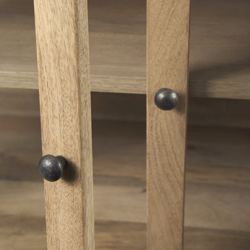 Light Brown Wood, Black Metal Base 4 Glass Cabinet Doors Sideboard