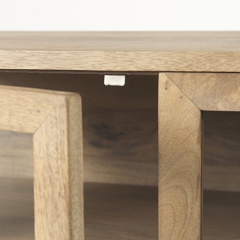 Light Brown Wood, Black Metal Base 4 Glass Cabinet Doors Sideboard