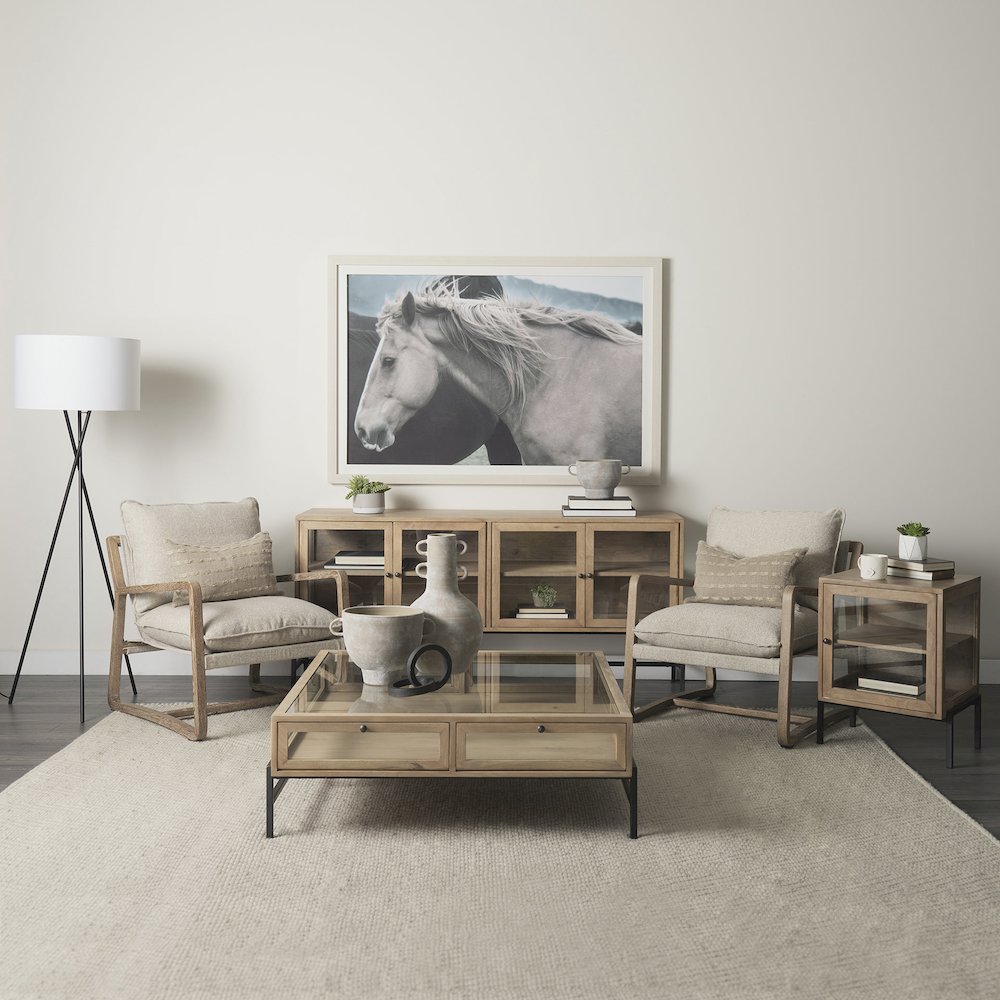 Light Brown Wood, Black Metal Base 4 Glass Cabinet Doors Sideboard