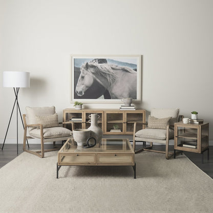 Light Brown Wood, Black Metal Base 4 Glass Cabinet Doors Sideboard