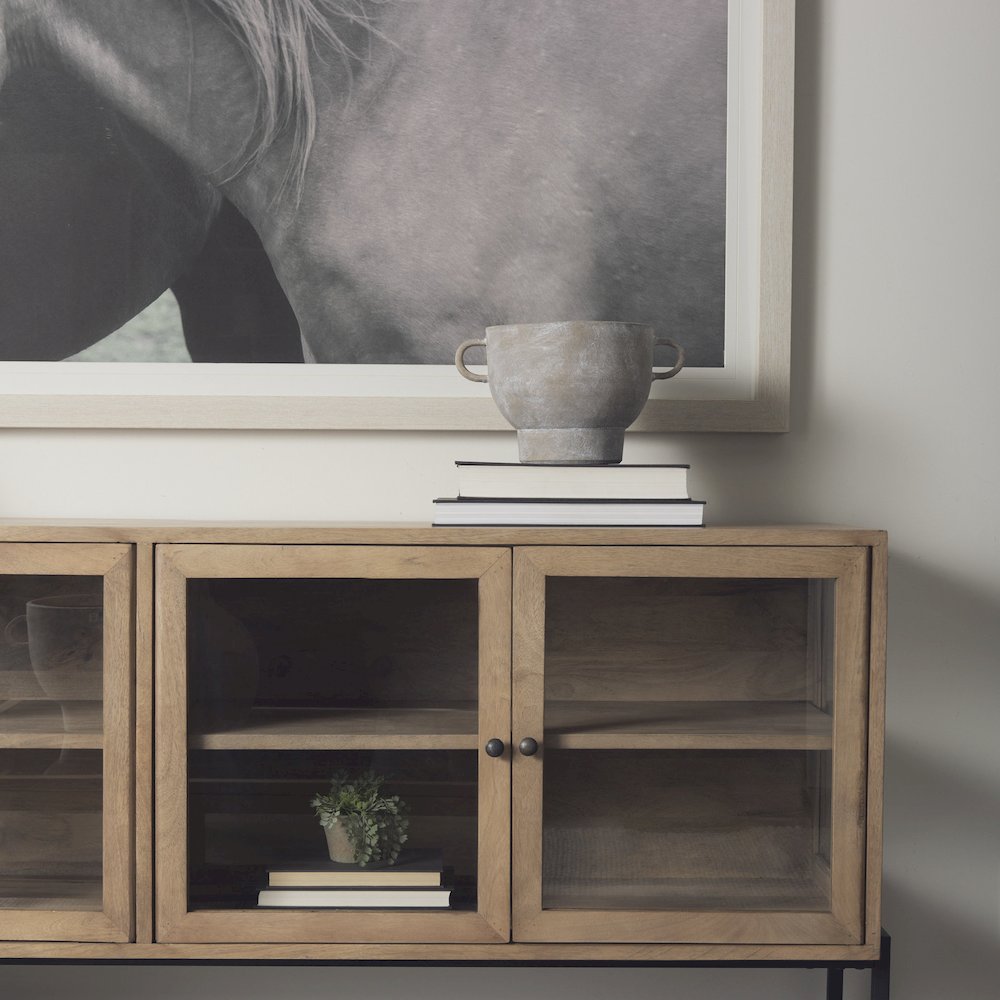 Light Brown Wood, Black Metal Base 4 Glass Cabinet Doors Sideboard