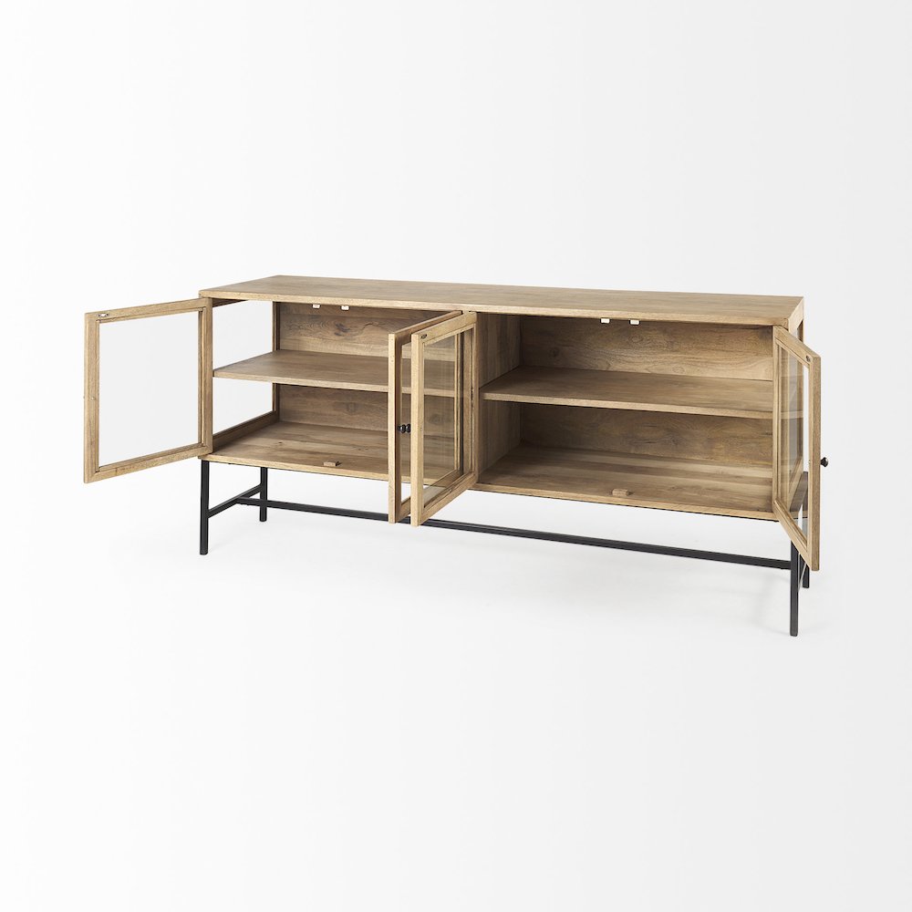 Light Brown Wood, Black Metal Base 4 Glass Cabinet Doors Sideboard