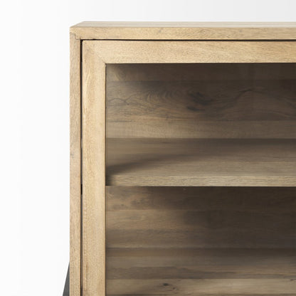 Light Brown Wood, Black Metal Base 4 Glass Cabinet Doors Sideboard
