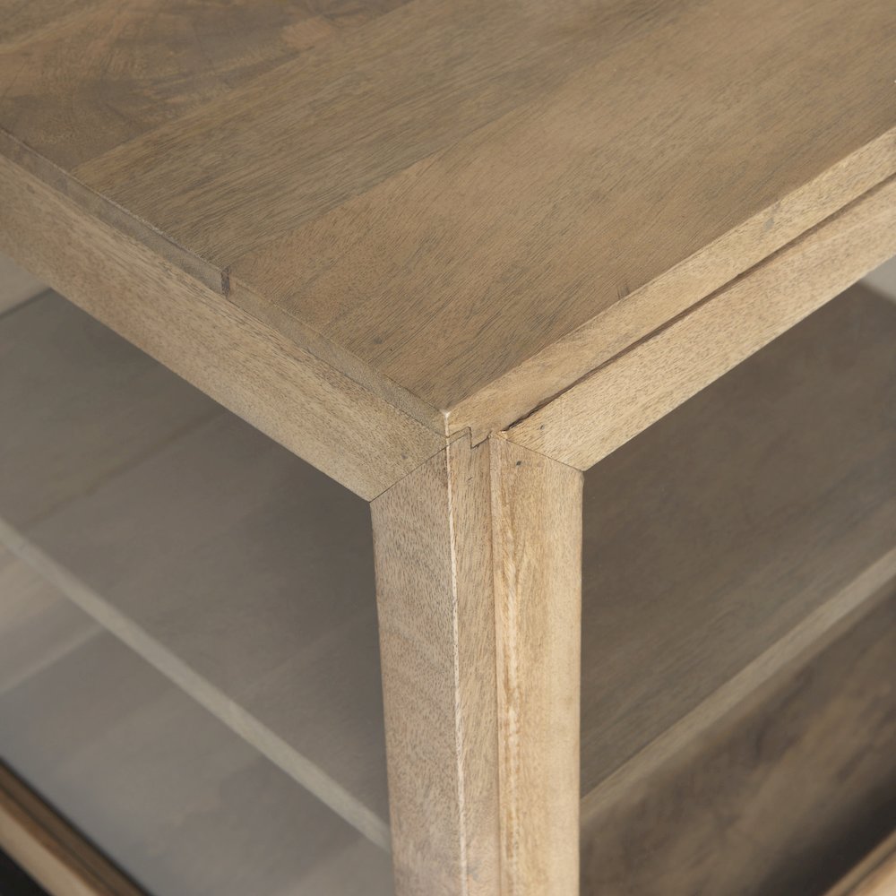 Light Brown Wood, Black Metal Base 4 Glass Cabinet Doors Sideboard