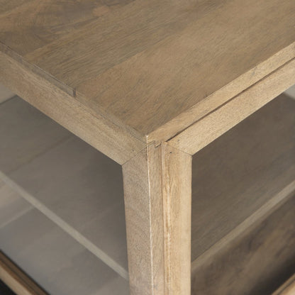 Light Brown Wood, Black Metal Base 4 Glass Cabinet Doors Sideboard
