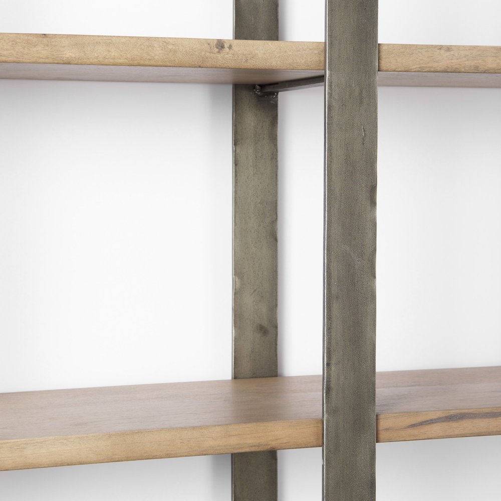 Medium Brown Wood Antique Nickel Metal Frame 6 Tier Shelving Unit