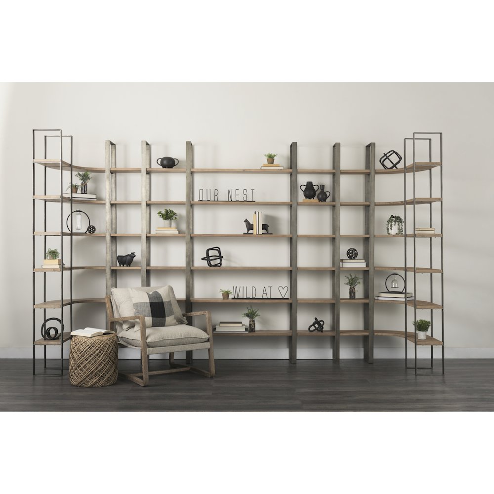 Medium Brown Wood Antique Nickel Metal Frame 6 Tier Shelving Unit