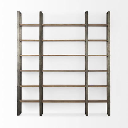 Medium Brown Wood Antique Nickel Metal Frame 6 Tier Shelving Unit