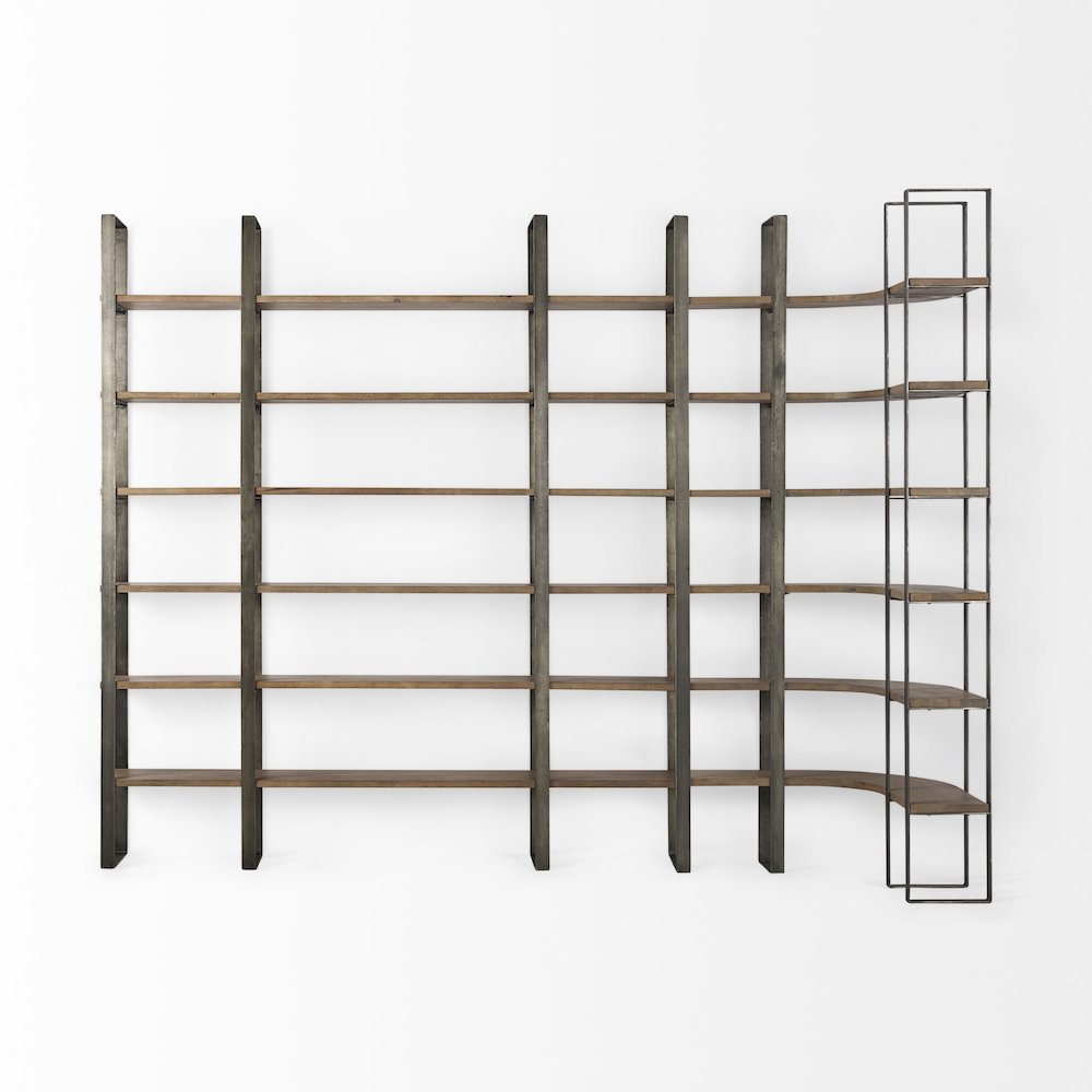 Medium Brown Wood Antique Nickel Metal Frame 6 Tier Shelving Unit