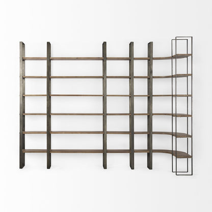 Medium Brown Wood Antique Nickel Metal Frame 6 Tier Shelving Unit