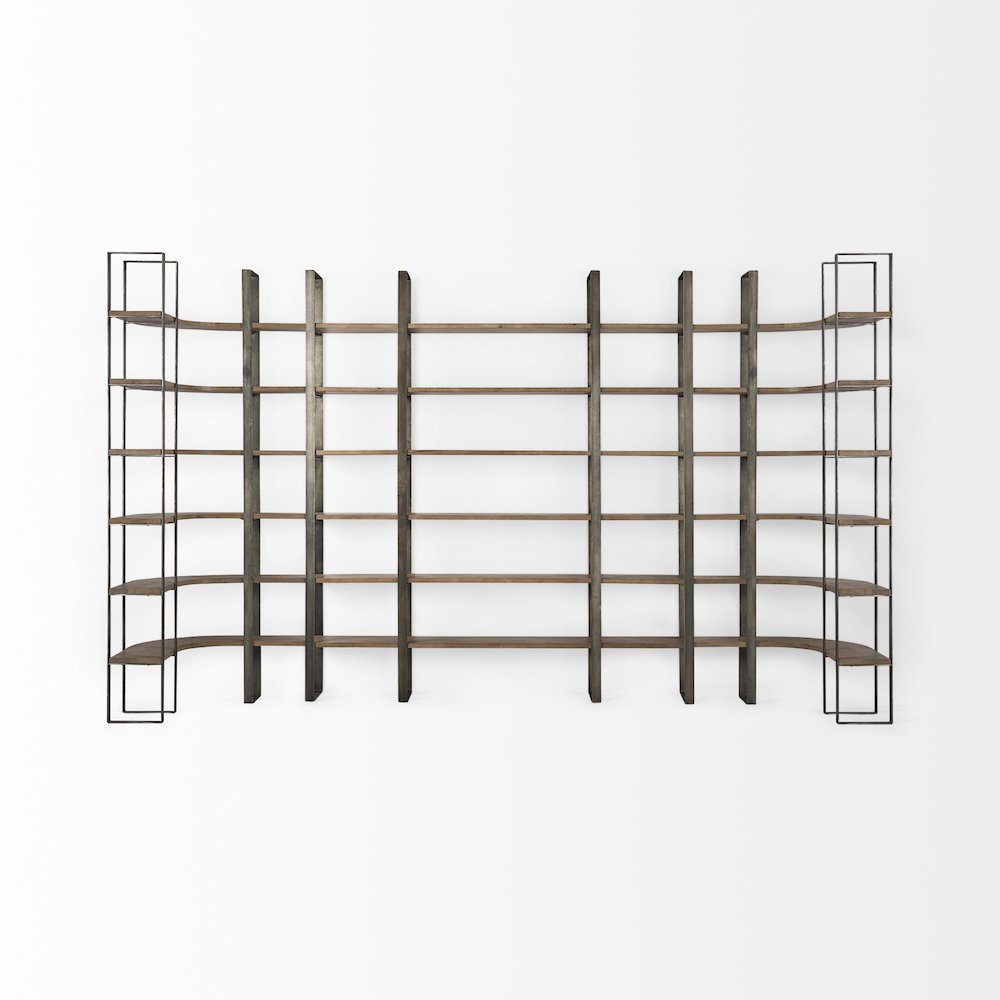 Medium Brown Wood Antique Nickel Metal Frame 6 Tier Shelving Unit