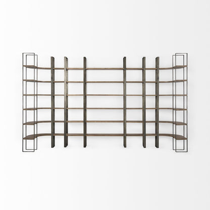 Medium Brown Wood Antique Nickel Metal Frame 6 Tier Shelving Unit