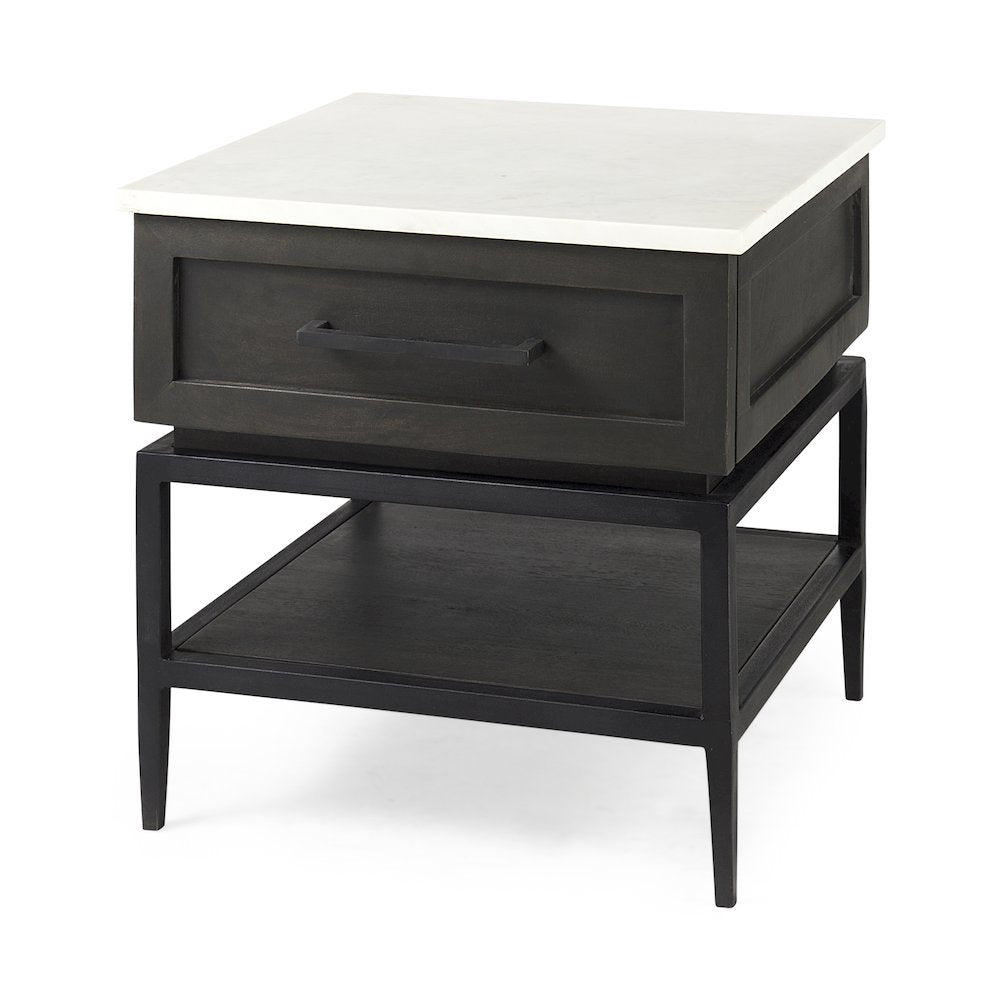 Black-Brown Wood White Marble Top And Black Metal Base 1 Drawer Side Table