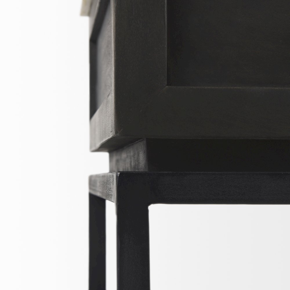 Black-Brown Wood White Marble Top And Black Metal Base 1 Drawer Side Table