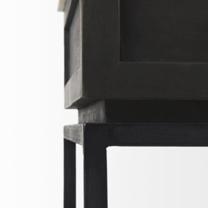 Black-Brown Wood White Marble Top And Black Metal Base 1 Drawer Side Table