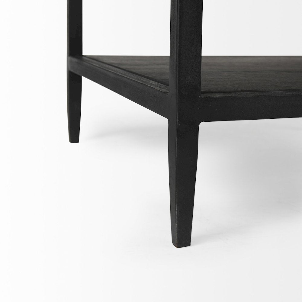Black-Brown Wood White Marble Top And Black Metal Base 1 Drawer Side Table