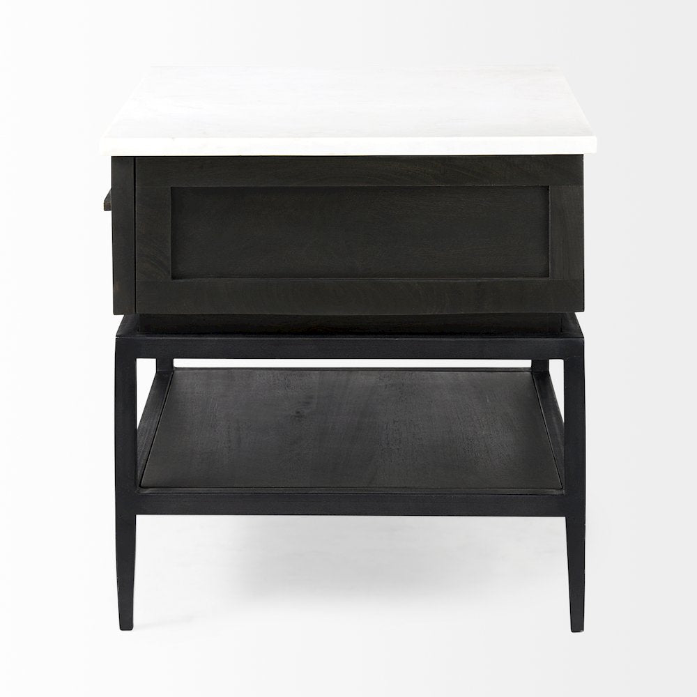 Black-Brown Wood White Marble Top And Black Metal Base 1 Drawer Side Table