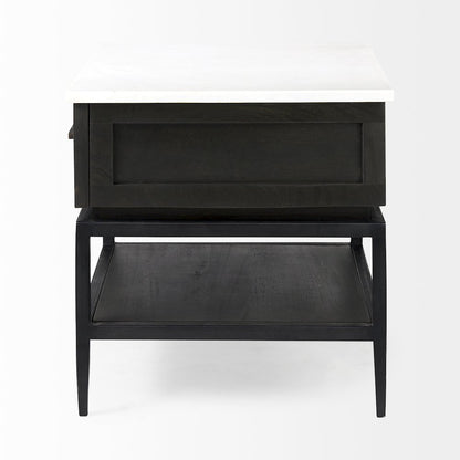 Black-Brown Wood White Marble Top And Black Metal Base 1 Drawer Side Table