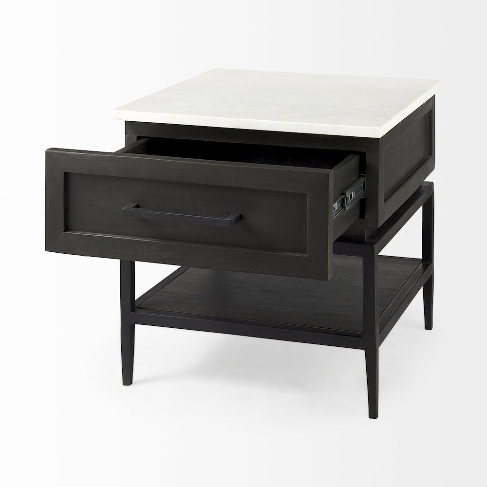 Black-Brown Wood White Marble Top And Black Metal Base 1 Drawer Side Table