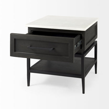 Black-Brown Wood White Marble Top And Black Metal Base 1 Drawer Side Table