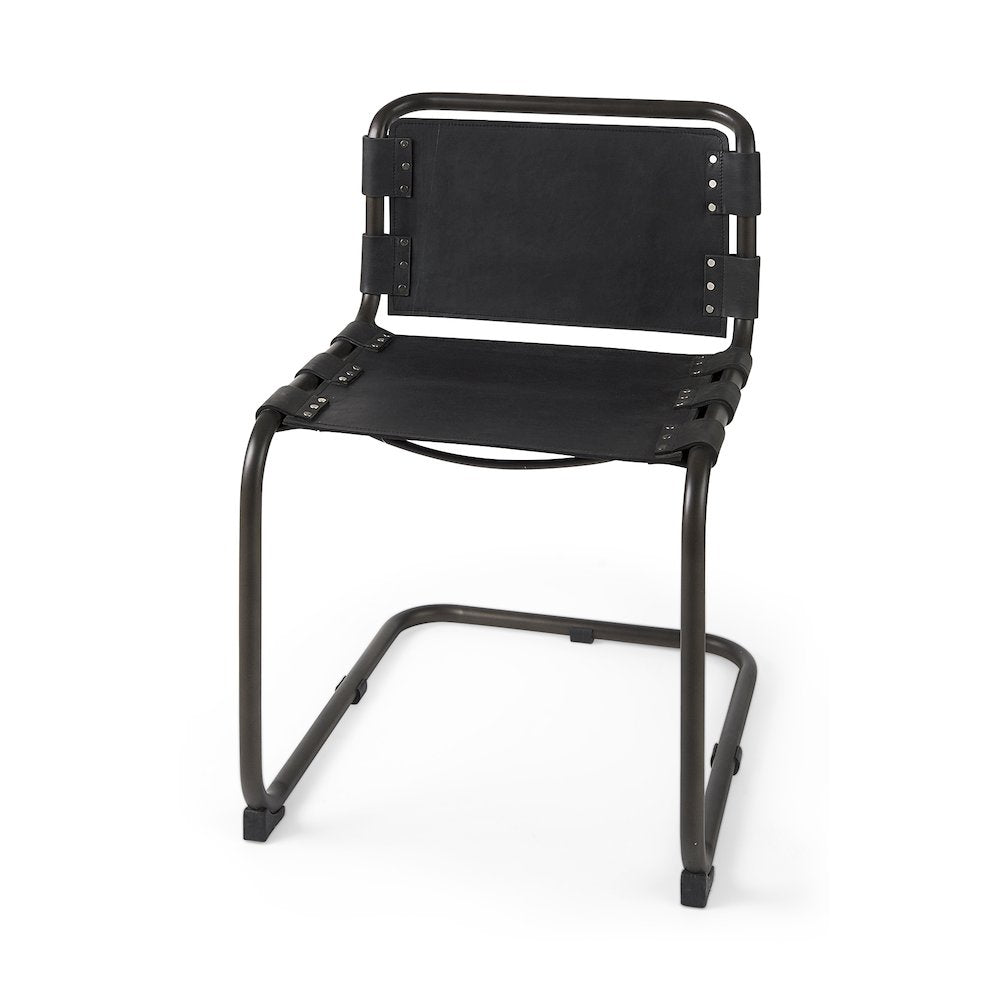 33" Total Height Black Leather Iron Frame Dining Chair