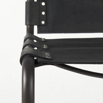33" Total Height Black Leather Iron Frame Dining Chair