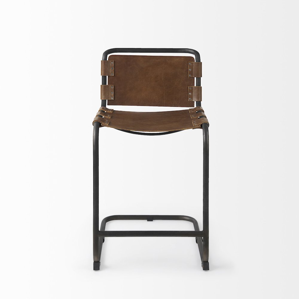 20.5 X 24.75 X 39 Medium Brown Leather Iron Frame Counter Stool