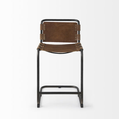 20.5 X 24.75 X 39 Medium Brown Leather Iron Frame Counter Stool