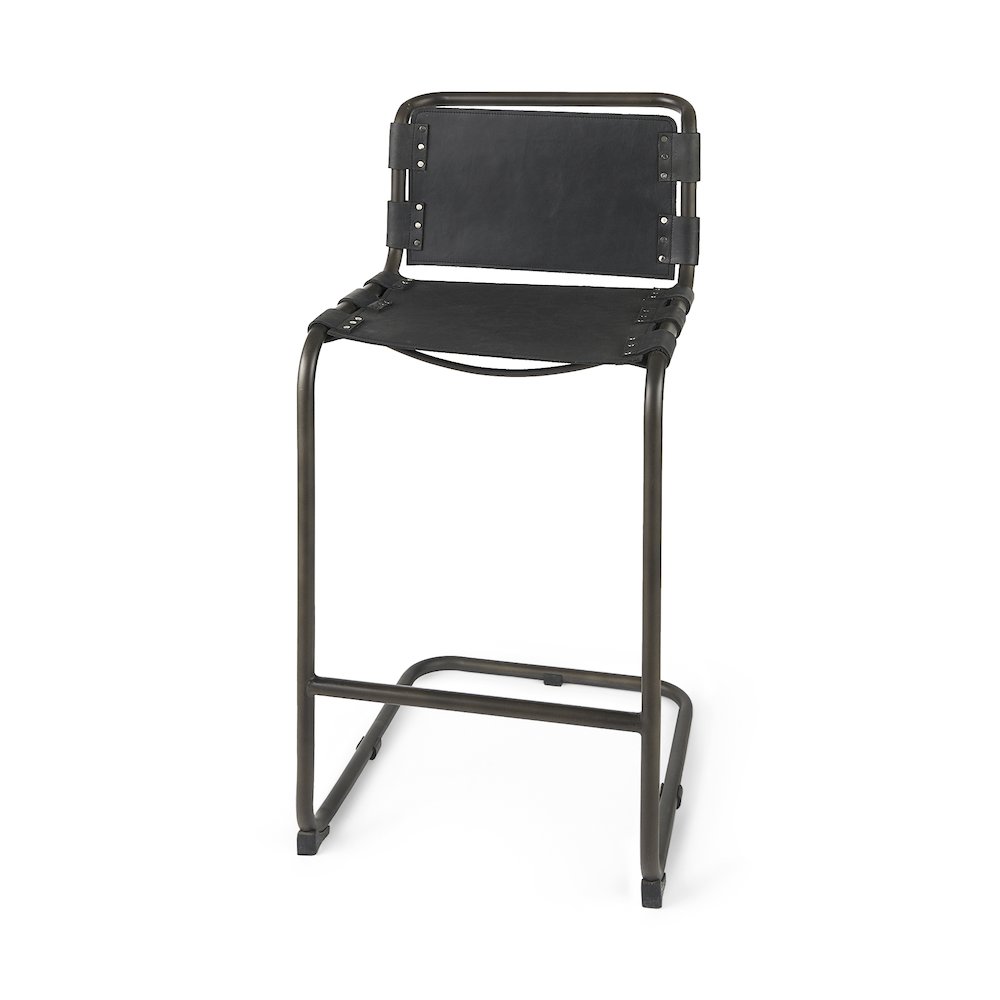 43" Total Height Black Leather Iron Frame Bar Stool