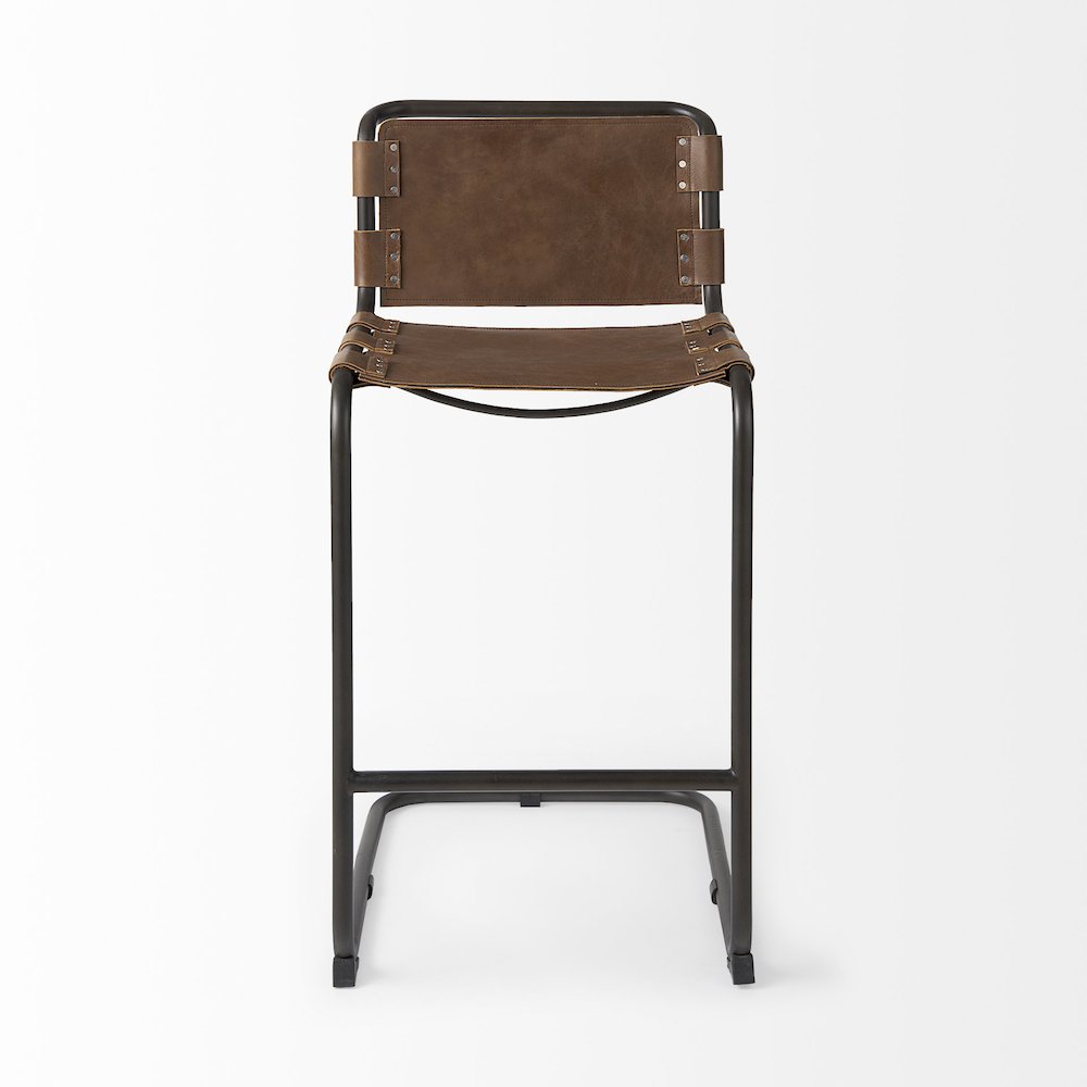 43" Total Height Medium Brown Leather Iron Frame Bar Stool