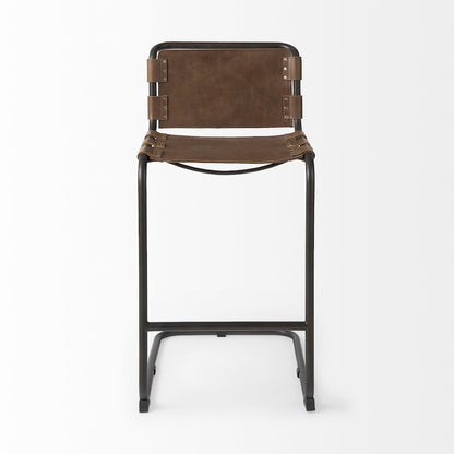 43" Total Height Medium Brown Leather Iron Frame Bar Stool