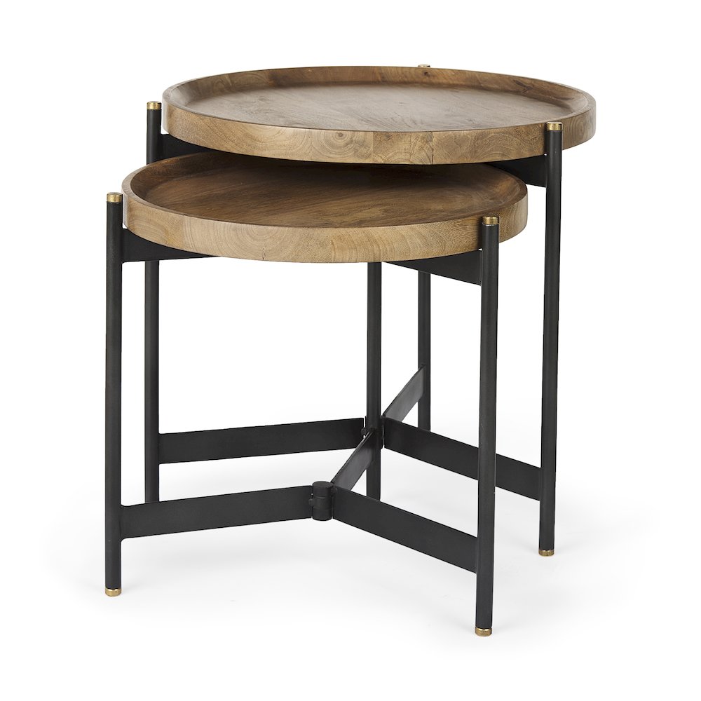 (Set Of 2) Light Brown Wood Black Metal Base Nesting Side Tables