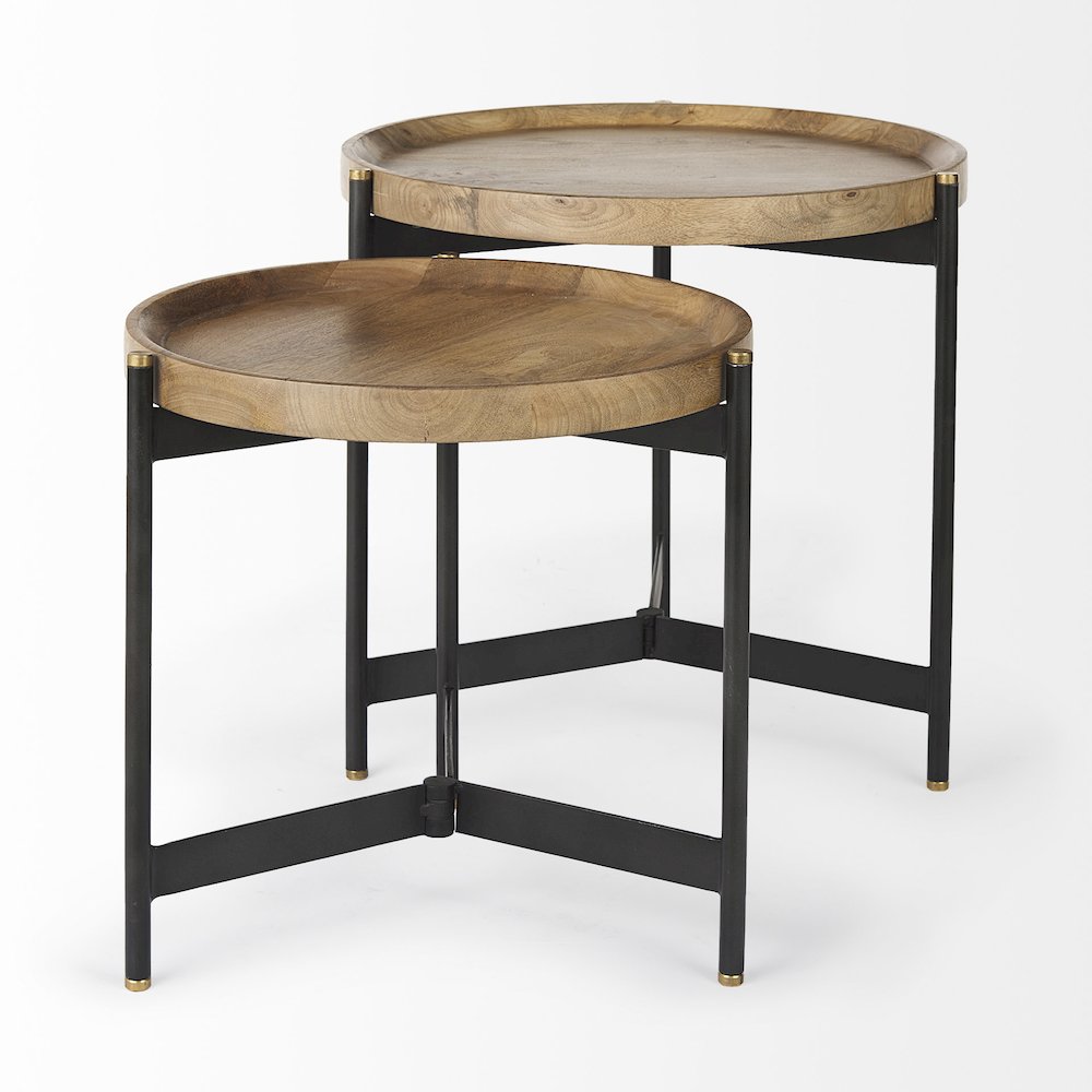 (Set Of 2) Light Brown Wood Black Metal Base Nesting Side Tables