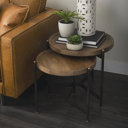 (Set Of 2) Light Brown Wood Black Metal Base Nesting Side Tables