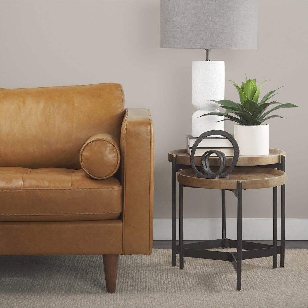 (Set Of 2) Light Brown Wood Black Metal Base Nesting Side Tables