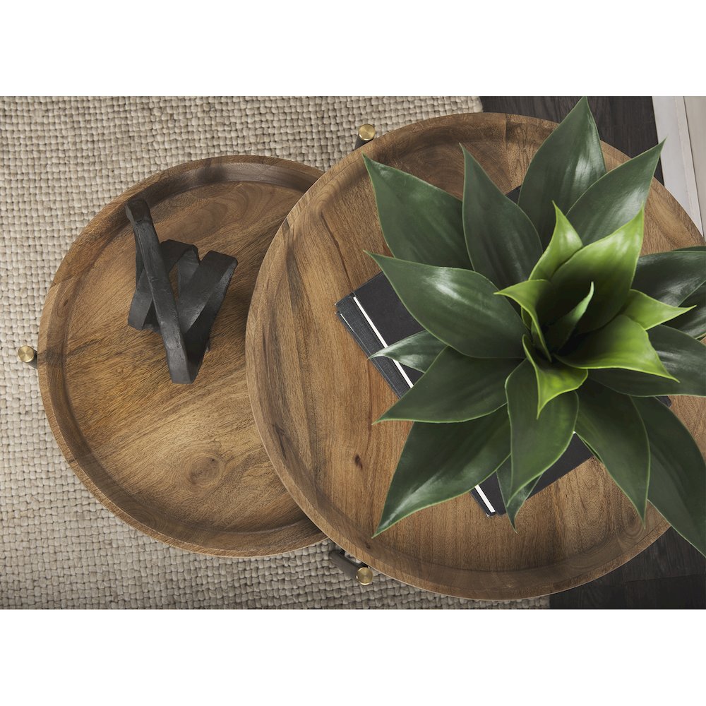 (Set Of 2) Light Brown Wood Black Metal Base Nesting Side Tables