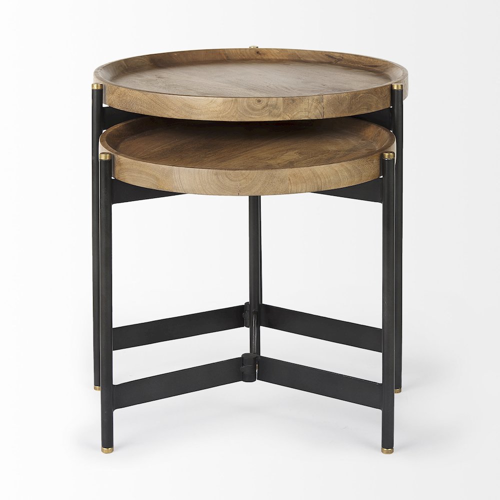 (Set Of 2) Light Brown Wood Black Metal Base Nesting Side Tables