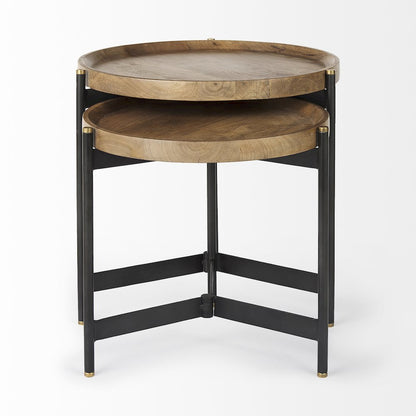 (Set Of 2) Light Brown Wood Black Metal Base Nesting Side Tables