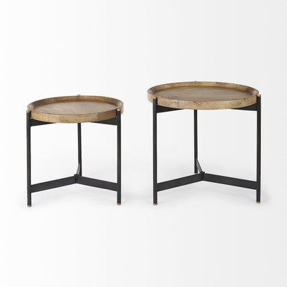 (Set Of 2) Light Brown Wood Black Metal Base Nesting Side Tables