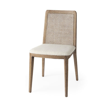 Light Brown Wood Cream Fabric Seat And Cane Back Armless Dining Chair