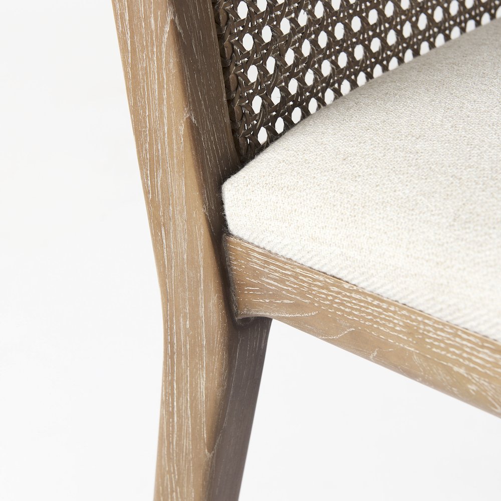 Light Brown Wood Cream Fabric Seat And Cane Back Armless Dining Chair
