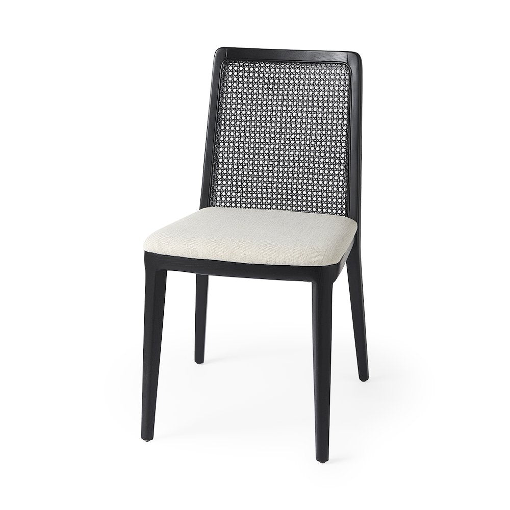 Black Wood Cream Fabric Seat And Cane Back Armless Dining Chair