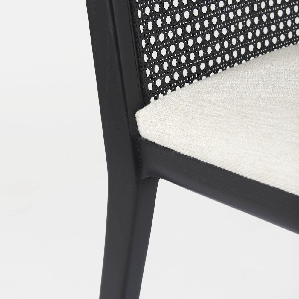 Black Wood Cream Fabric Seat And Cane Back Armless Dining Chair