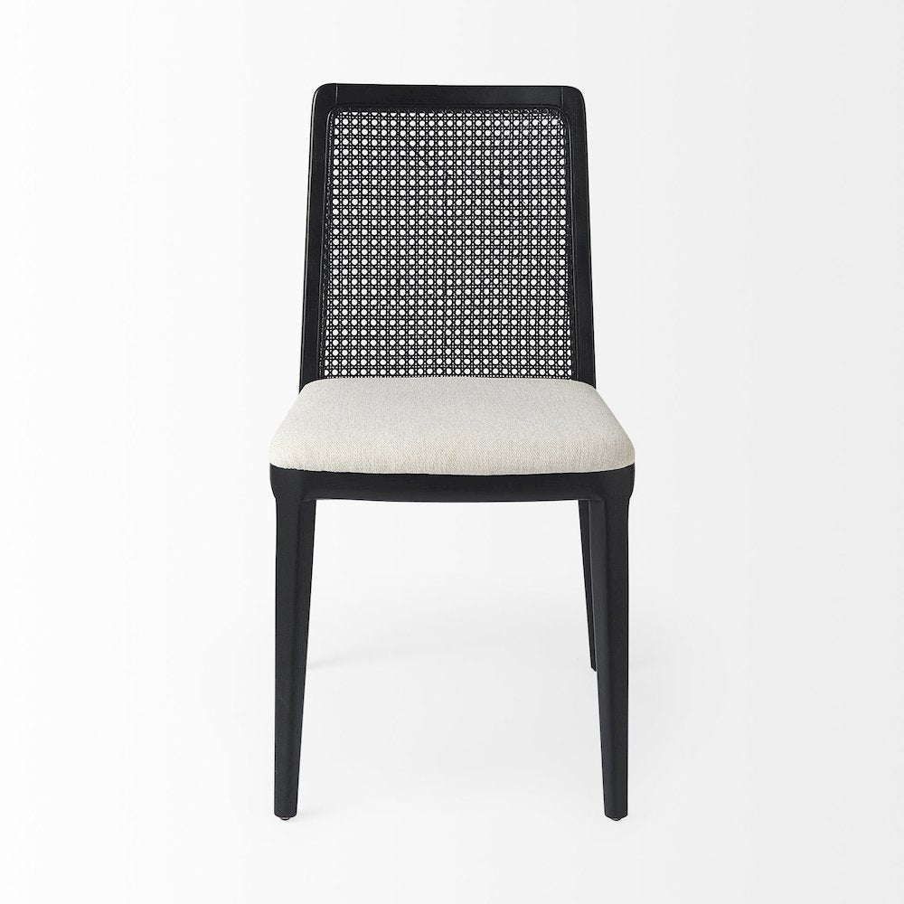 Black Wood Cream Fabric Seat And Cane Back Armless Dining Chair