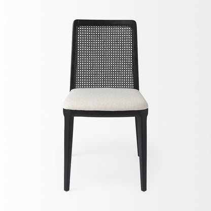 Black Wood Cream Fabric Seat And Cane Back Armless Dining Chair