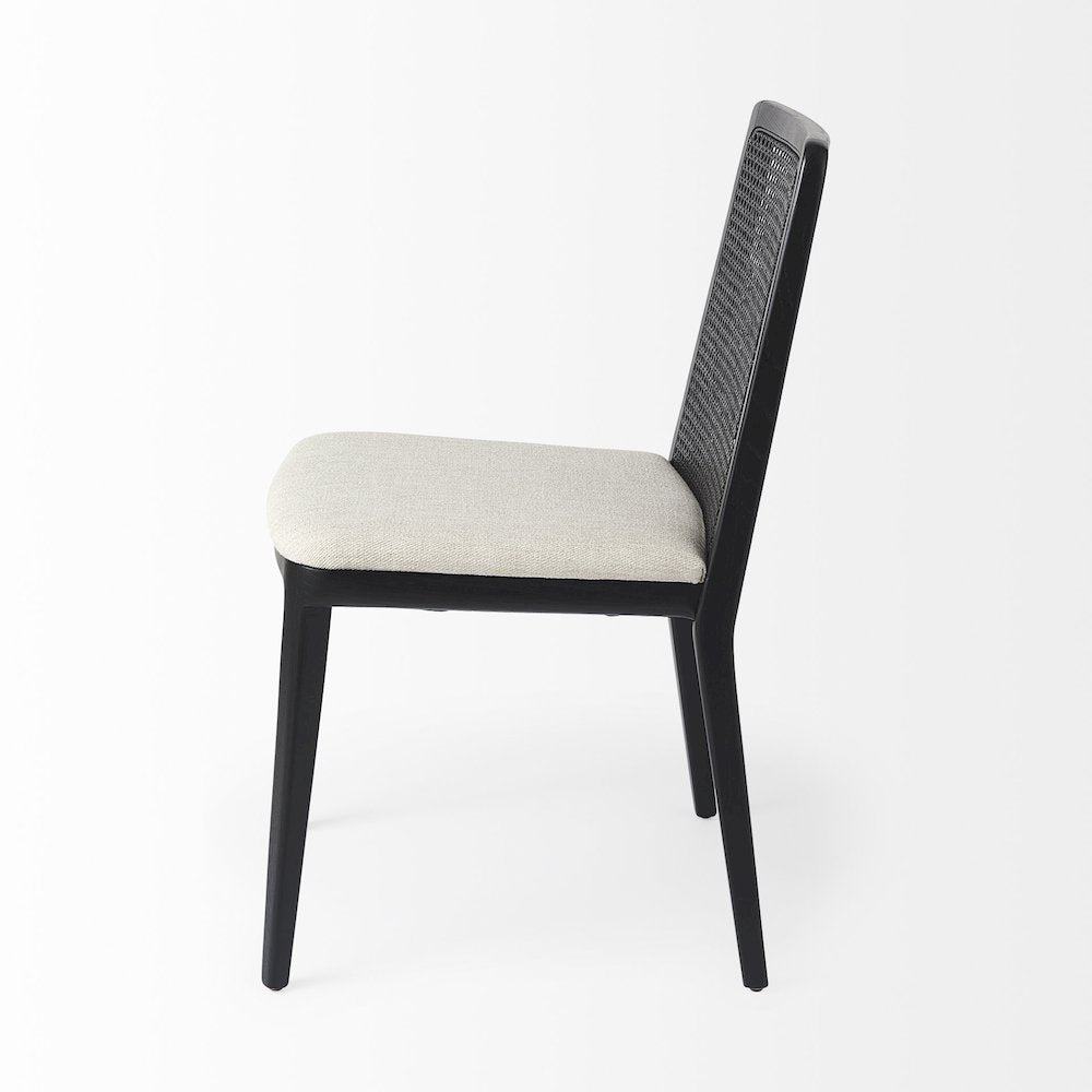 Black Wood Cream Fabric Seat And Cane Back Armless Dining Chair