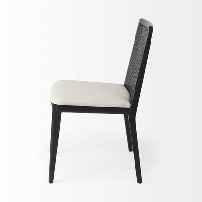 Black Wood Cream Fabric Seat And Cane Back Armless Dining Chair