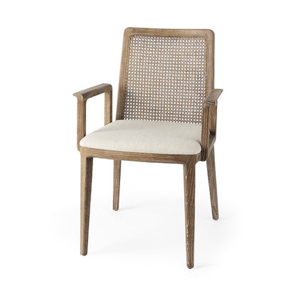 Light Brown Wood Cream Fabric Seat And Cane Back Dining Chair