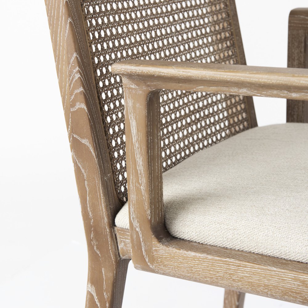 Light Brown Wood Cream Fabric Seat And Cane Back Dining Chair