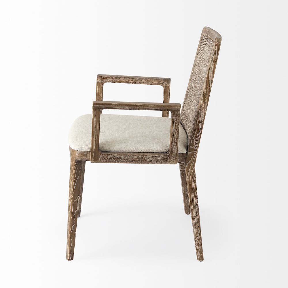 Light Brown Wood Cream Fabric Seat And Cane Back Dining Chair